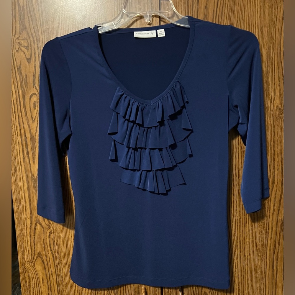 Susan Graver knit 3/4 sleeves ruffle front Top women’s size XS